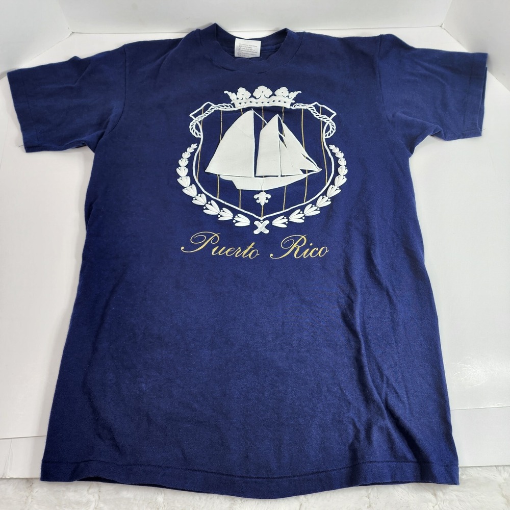 Vintage Puerto Rico Sailboat Raised Print Single Stitch Hanes Beefy Tee Adult M